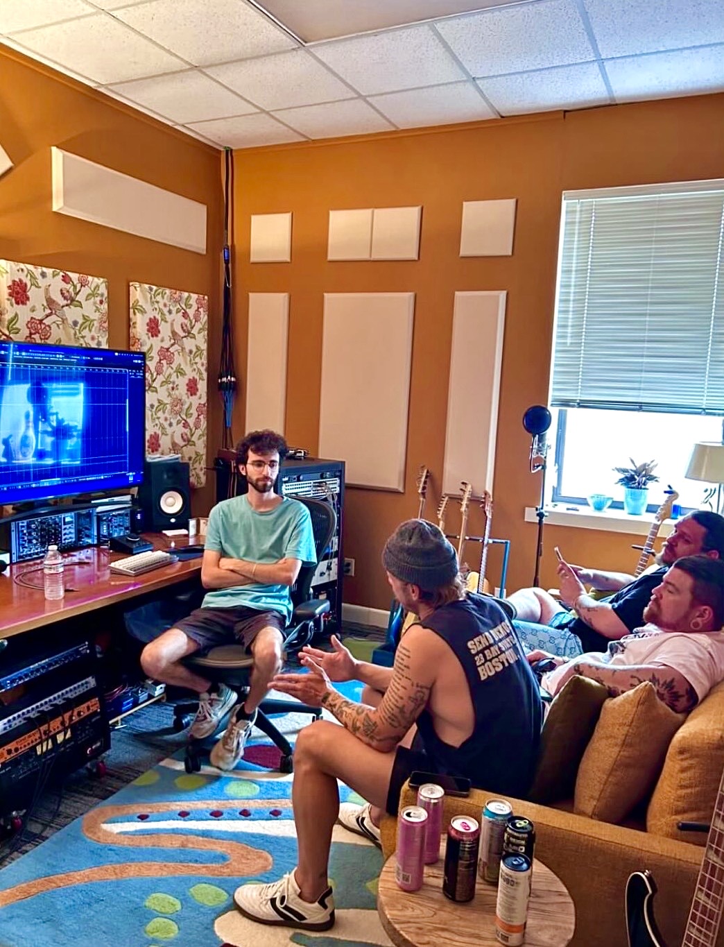 Inside Blue Karma Studios — Jacob and the band hanging in the control room